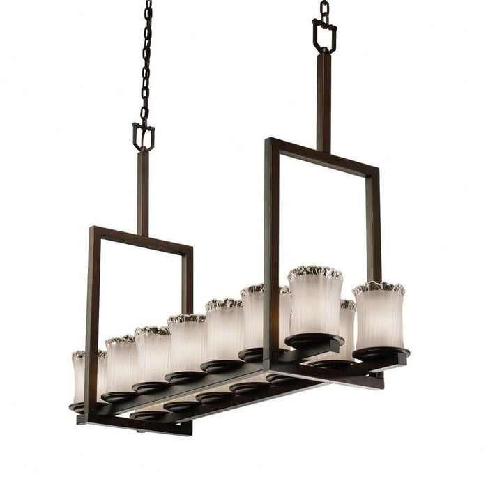 Justice Design - GLA-8764-16-WTFR-MBLK-LED14-9800 - Veneto Luce Dakota - 14 Light Tall Bridge Chandelier with Cylinder/Rippled Rim White Frosted Venetian Glass